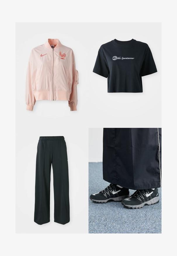 Růžová bomber bunda vyrobená z hladkého, lehkého materiálu. Má zipový přední uzávěr, žebrované manžety a vyšitý logo kohouta.; Zkrácené černé bavlněné tričko s krátkými rukávy, na přední straně s bílým nápisem "Vice Sportswear" a kulatou grafikou.; Černé sportovní kalhoty s širokým střihem a elastickým pasem. Vyrobené z hladkého, pružného materiálu, s jemnými předními švy a bez kapes.; Černé sportovní boty s texturovaným svrškem, stříbrnými akcenty a vzorovanou podrážkou, ve spojení s černým dlouhým oděvem. Umístěno na modrém koberci.