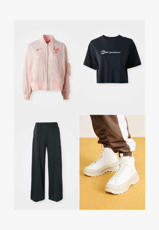 Ružová bomber bunda vyrobená z hladkého, ľahkého materiálu. Obsahuje zips vpredu, rebrované manžety a vyšívané logo kohúta.; Zastrihnuté čierne bavlnené tričko s krátkymi rukávmi, so bielym textom "Vice Sportswear" a kruhovou grafikou na prednej strane.; Čierne, široké športové nohavice s elastickým pásom. Vyrobené z hladkej, pružnej tkaniny, s jemnými prednými švami a bez vreciek.; Biele vysoké tenisky s hrubou štruktúrovanou podrážkou, majúce hladký zvršok, okrúlu špičku a zladené šnúrky, na žltom pozadí.