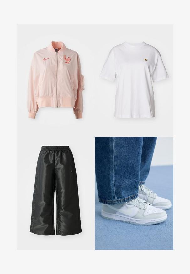 Rožinė bomber striukė, pagaminta iš lygios, lengvos medžiagos. Yra su užtrauktuku priekyje, gūžtomis rankovėmis ir siuvinėtu gaidžio logotipu.; Balta medvilnė marškinėliai su laisvu sijonu, trumpomis rankovėmis ir maža siuvinėta logo kairėje krūtinės pusėje.; Juodi sportiniai džinsai su blizgia, lygaus audinio medžiaga, turintys elastingą juosmenį, plačias kojų dalis ir mažą logotipą kairėje pusėje.; Nike sportbačiai balti ir šviesiai pilki odiniai, su perforuota pirštine, plokščiomis raišteliais ir guminiu padu, derinami su mėlyniais džinsais.