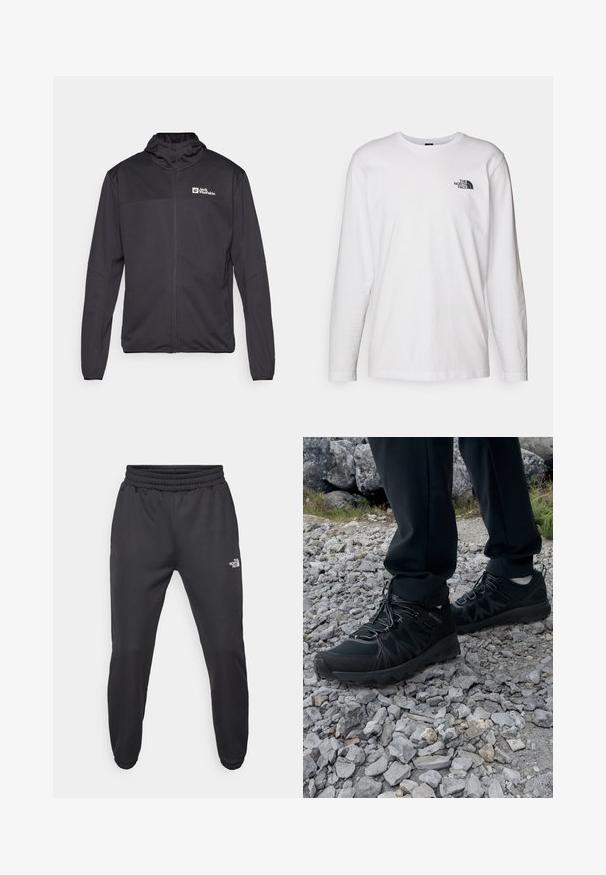 Black zip-up jacket made of soft, smooth fabric. Features a high collar, long sleeves, and a small logo on the chest area.; White long-sleeve T-shirt made of cotton with a crew neck. Features a small black logo on the chest. Smooth texture, regular fit.; Black sweatpants with a drawstring waist, tapered fit, elastic cuffs, and a small white logo on the left thigh, made from smooth fabric.; Black outdoor shoes with mesh and synthetic material, featuring a textured upper, secured lacing system, and a rugged outsole, on rocky terrain.