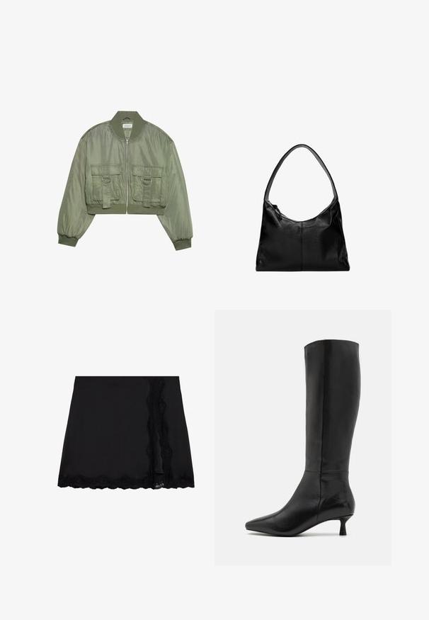 Afklippet olivengrøn bomberjakke i blank nylon med ribbede manchetter, to frontlommer og sølvringdetaljer. Lynlåslukning foran.; Sort hættebluse lavet af blødt stof, med kængurulomme, ribkanter og hætte med snoretræk. Enkel, minimalistisk design.; Even&Odd Mini skirts - black; Zign Høje støvler/ Støvler - black; Sort læder skuldertaske med en glat overflade, en buet top og en enkelt rem. Har lynlåslukning og minimalistisk design.