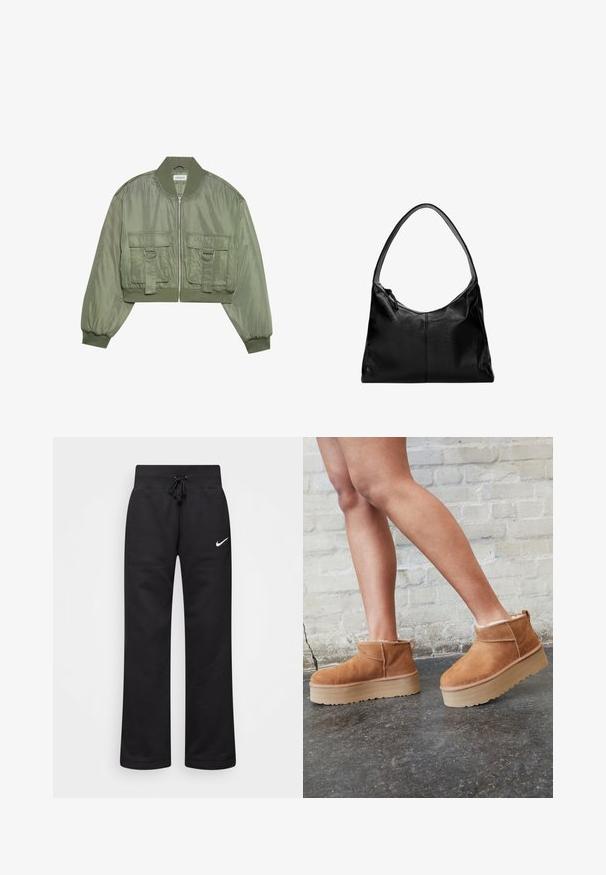 Afklippet olivengrøn bomberjakke i blank nylon med ribbede manchetter, to frontlommer og sølvringdetaljer. Lynlåslukning foran.; Sort hættebluse lavet af blødt stof, med kængurulomme, ribkanter og hætte med snoretræk. Enkel, minimalistisk design.; Sorte sweatpants lavet af en bomuldsblanding, med en snøre i taljen, lige ben og et hvidt Nike-logo på venstre side.; Brune ruskinds ankelsko med en blød foring, tyk beige plattformsål og en bageste løkke. Tekstureret overflade med synlige sømdetaljer.; Sort læder skuldertaske med en glat overflade, en buet top og en enkelt rem. Har lynlåslukning og minimalistisk design.; Guldfarvet armbåndsur med et rektangulært urkasse, tekstureret urskive, romerske talmarkører og et linked armbånd. Har en krone på siden.