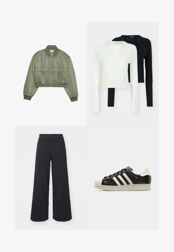 Przycięta oliwkowa bomberka z błyszczącego nylonu, z prążkowanymi mankietami, dwoma przednimi kieszeniami oraz srebrnymi akcentami w postaci pierścieni. Zamek błyskawiczny z przodu.; Dwie bluzki z długim rękawem, jedna w kolorze białym, a druga w czarnym. Obie mają okrągłe dekolty i ozdobne zamki błyskawiczne na ramieniu. Gładki materiał.; Czarne szerokie spodnie dresowe wykonane z miękkiego materiału, z elastycznym paskiem w talii oraz małym logo po lewej stronie.; Czarne skórzane trampki z białymi paskami, gumowym czubkiem, czarnymi sznurówkami i kremową podeszwą. Gładka faktura z połyskującym wykończeniem.
