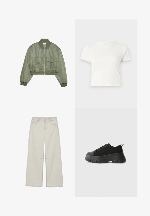 Feldarabolt olíva zöld bomberdzseki fényes nylonból, bordás mandzsettával, két elülső zsebbel és ezüst színű gyűrűs díszítésekkel. Elöl zippzáras záródás.; Rövid, fehér, pamut póló, rövid ujjakkal, kerek kivágással és egyenes szegéllyel, sima textúrával és letisztult dizájnnal.; Világosszürke, bő szárú nadrág, öt zsebbel, elülső gombos záródással és kontrasztos varrással a varrások mentén. Az anyag puhanak és tartósnak tűnik.; Fekete sportcipők vastag gumitalppal, texturált szövet felsőrésszel, kerek orral és fűzős kialakítással. Megerősített fűzőlyukakkal és hátsó húzófüllel rendelkezik.