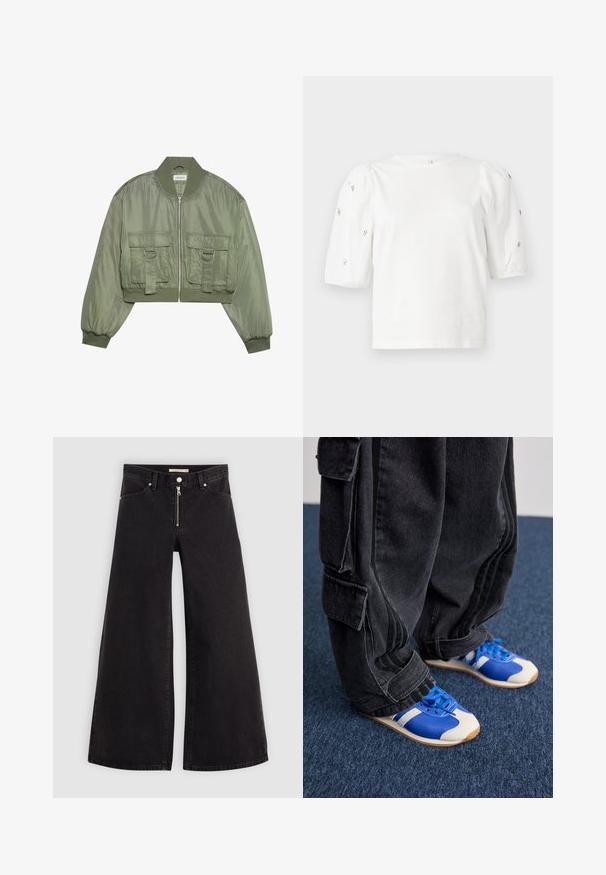 Feldarabolt olíva zöld bomberdzseki fényes nylonból, bordás mandzsettával, két elülső zsebbel és ezüst színű gyűrűs díszítésekkel. Elöl zippzáras záródás.; Fehér pamut póló rövid puffos ujjakkal, a ujjain kicsi ezüst díszítések találhatók. Klasszikus kerek nyakú, laza fazonú.; Fekete denim széles szárú farmer, cipzáros elejével, öt zsebes kialakítással és diszkrét varrással. Sima textúra és laza stílus.; Egy négyzetes fekete cargo nadrágot viselő személy, kék és fehér sportcipővel áll egy sötétkék szőnyegen.
