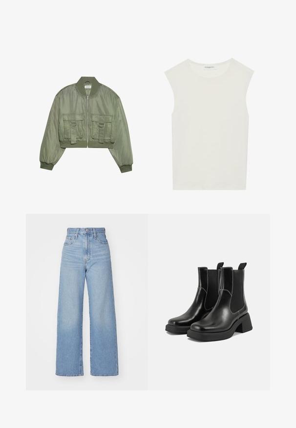Afklippet olivengrøn bomberjakke i blank nylon med ribbede manchetter, to frontlommer og sølvringdetaljer. Lynlåslukning foran.; Hvid ærmeløs top med rund halsudskæring. Lavet af glat stof, har den en afslappet pasform og minimalistisk design. Ingen mønstre eller accenter.; Lyseblå højtaljede bukser med bred benåbning, med frontknap og lynlås, samt for- og baglommer, på en hvid baggrund.; Sorte læder Chelsea-støvler med en kraftig hæl, elastiske sidepaneler og kontrastfarvet hvid syning. Tekstureret overflade.