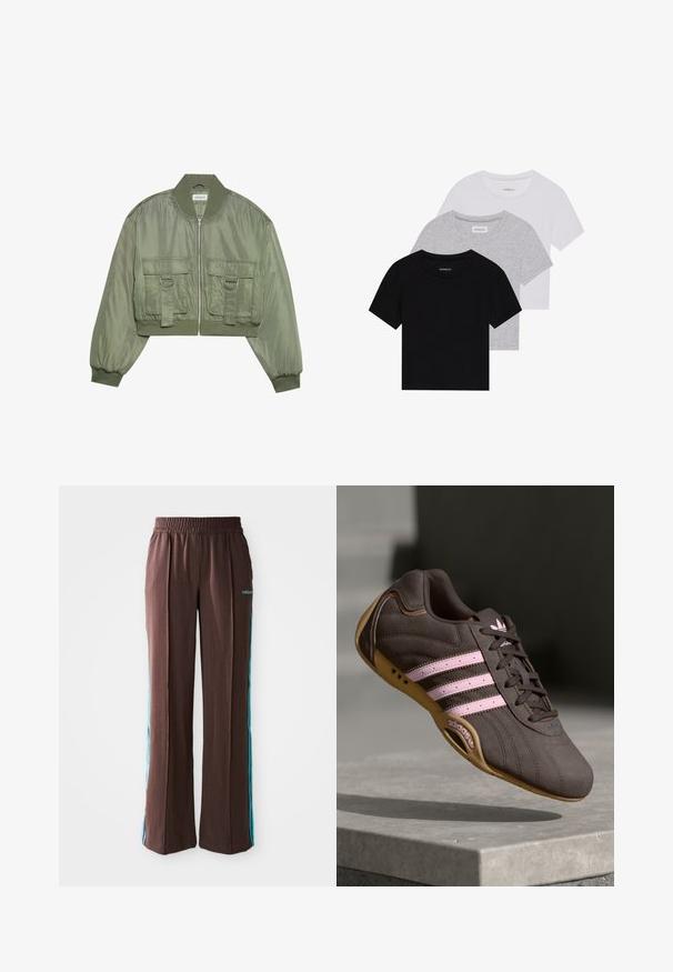 Zastrihnutá olivovo zelená bomber bunda z lesklého nylonu s rebrovanými manžetami, dvoma prednými vreckami a striebornými krúžkovými detailami. Zapínanie na zips vpredu.; Sada troch tričiek s krátkym rukávom v čiernej, šedej a bielej farbe. Vyrobené z bavlny, s okrúhlym výstrihom a jednoduchým, jednofarebným dizajnom.; Hnedé športové nohavice s rebrovou textúrou, elastickým pásom a tyrkysovými bočnými pruhmi. Na prednej strane sa nachádza logo adidas.; Hnedé semišové športové topánky s ružovými pruhmi a logom, s textúrovaným vrchom, šnurovaním a gumovou podrážkou.