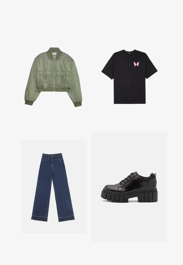 Afklippet olivengrøn bomberjakke i blank nylon med ribbede manchetter, to frontlommer og sølvringdetaljer. Lynlåslukning foran.; Sort bomulds T-shirt med korte ærmer, prydet med en lille pink sommerfugl grafik på venstre bryst. Rund hals design med en afslappet pasform.; Vidde bukser i mørkeblå denim. Har fem lommer, bæltestropper og en rå kant nederst med synlige stikninger.; Sorte læder platform sko med en klodset blokhæl, rund tå og traditionelt snøredesign. Har en glat tekstur og minimal detaljering.