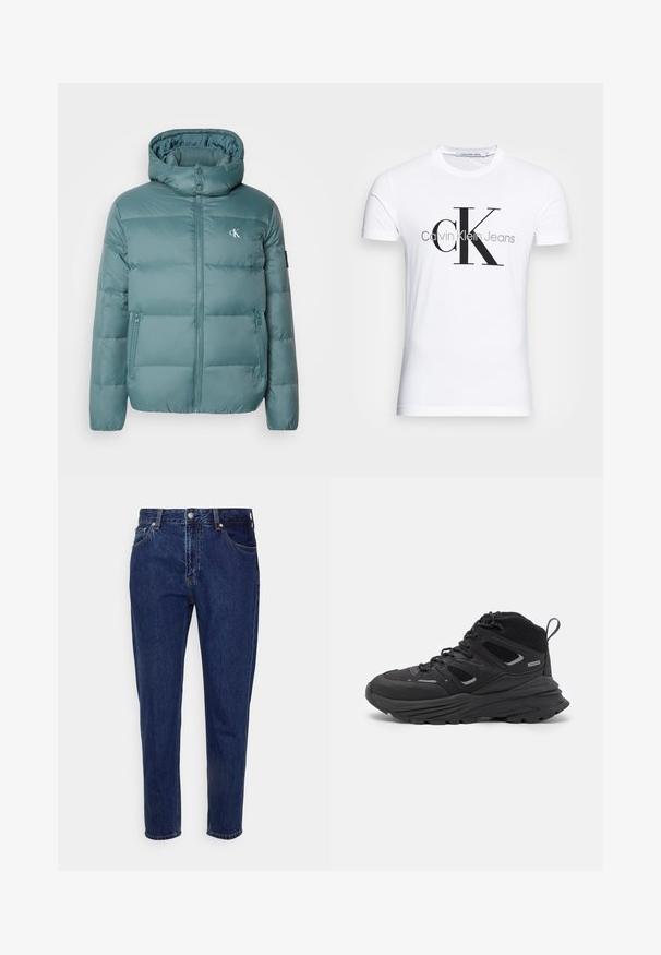 Calvin Klein Jeans ESSENTIALS JACKET - Untuvatakki - north atlantic; Valkoinen puuvillateeppari, jossa on musta "CK"-logo ja "Calvin Klein Jeans" -teksti, lyhyet hihat ja klassinen pyöreä kaula-aukko.; Tummansinisiä farkkuhousuja, joissa on suora lahje, viisi taskua ja nappisuljin. Housuissa on hienovaraista kulumista ja ompeluyksityiskohtia.; Mustia vaeltajakenkiä, joissa on kerroksellinen muotoilu, teksturoitu kangas ja kumipohja. Kenkien vahvistettuja alueita ja nauhakiinnitys edessä.