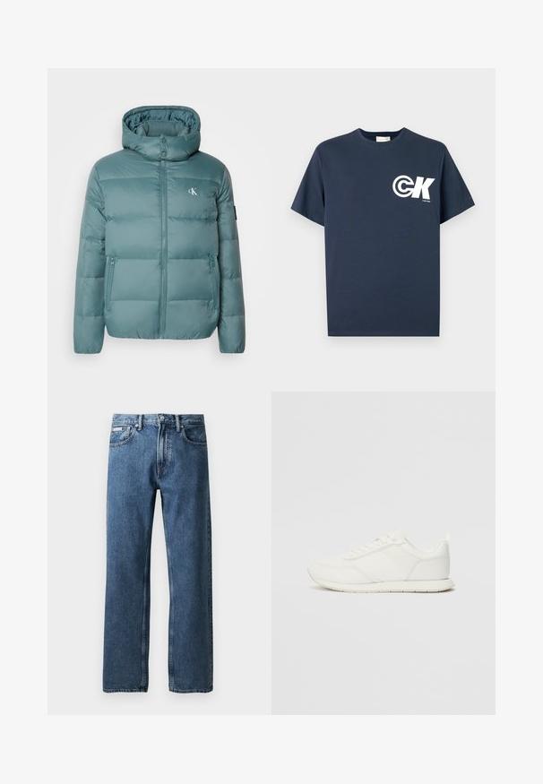 Calvin Klein Jeans ESSENTIALS JACKET - Pūkinė striukė - north atlantic; Tamsiai mėlynas trumpomis rankovėmis marškinėlis su apvalia iškirpte, kairėje krūtinės pusėje balta CK logotipu ir užrašu „Calvin Klein“.; Mėlyni tiesaus kirpimo džinsai su aukštu liemeniu, mygtuko ir užtrauktuko uždarymu, priekinėmis kišenėmis ir mažyte balta prekės etikete dešinėje kišenėje.; Balti sportbačiai su tinkline ir sintetine viršutine dalimi, apvaliu nosiu, plokščiomis raištelėmis ir tekstūruota šonine juosta. Guma, kurios padas su vilkimo kilpute gale.
