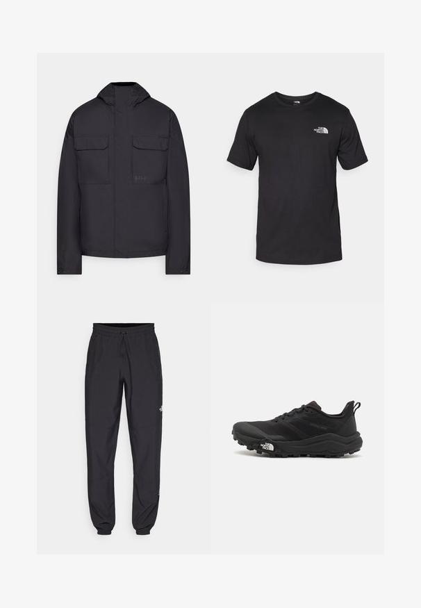 Zwarte hooded jack van gladde stof met twee borstzakken, knoopmanchetten en een subtiel logo aan de linkerkant.; Zwarte T-shirt met korte mouwen van katoen, voorzien van een ronde halslijn en een klein wit logo op de bovenste linkerkant van de borst.; Zwarte sportieve broek gemaakt van lichtgewicht stof, met een trekkoord in de taille, zijzakken en taps toelopende boorden bij de enkels.; Zwarte trailrunning schoen met een gestructureerde bovenkant, rubberen zool en versterkte neus. Voorzien van een gevoerde kraag en een trekhaak voor eenvoudig aan- en uittrekken.