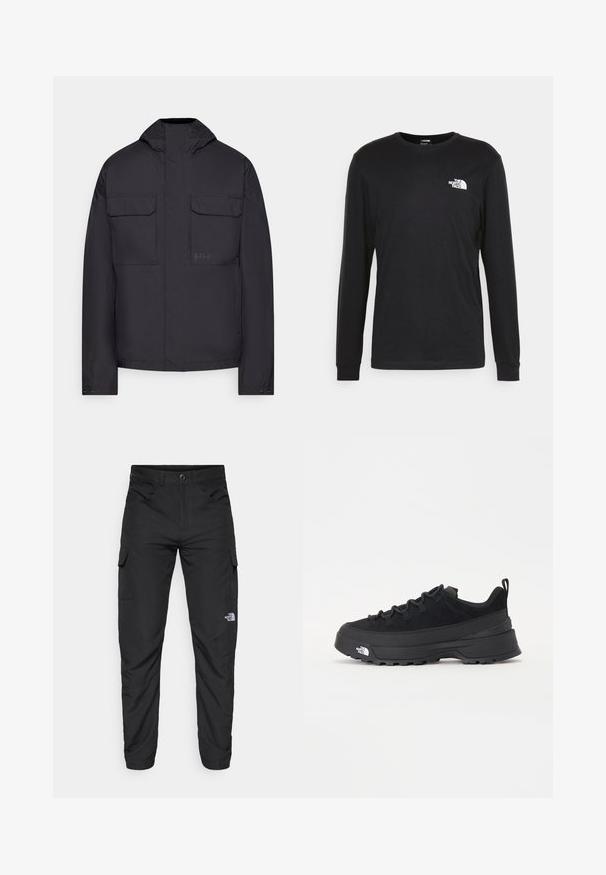 Fekete kapucnis dzseki sima anyagból, két mellzsebbel, gombos mandzsettákkal és finom emblémával a bal oldalon.; Fekete, hosszú ujjú pamut póló, bal mellrészen fehér logóval és bordázott mandzsettákkal. Sima textúrájú, kerek nyakkivágással.; The North Face HORIZON PANT - Szabadtéri nadrágok - black; Fekete kültéri sneaker velúr felsőrésszel, texturált gumitalppal és strapabíró fűzőrendszerrel. Megerősített sarkú és oldalán márkalogóval rendelkezik.