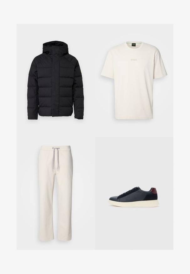 Černá puffová bunda s kapucí, s prošívaným designem, předním zipem a elastickými manžetami. Hladký materiál, kompaktní střih.; BOSS TEE - Jednoduché tričko - open white; Krémové volné kalhoty s elastickým pasem a rovnými nohavicemi, vystavené na jednobarevném bílém pozadí.; Nízké pánské tenisky z černé kůže a semiše s vínovým patním páskem a bílou gumovou podrážkou, pohled z vnější strany.