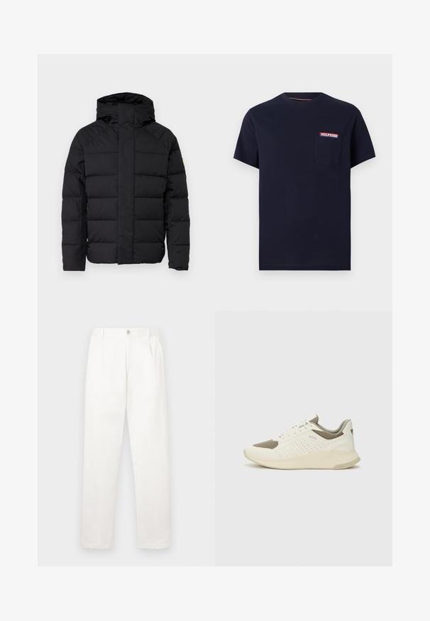 Giacca a vento nera con cappuccio, caratterizzata da un design trapuntato, chiusura frontale con zip e polsini elasticizzati. Texture liscia, vestibilità compatta.; T-shirt in cotone blu navy con collo rotondo, maniche corte e taschino sul lato sinistro, con logo "HILFIGER" rosso, bianco e blu.; Pantaloni bianchi realizzati in tessuto liscio, con un design a gamba dritta, pieghe frontali e una chiusura a bottone singolo in vita.; Sneaker atletica bianca e beige chiaro, con tomaia in mesh, dettagli perforati e una suola intermedia texturizzata con marchio sul tallone.