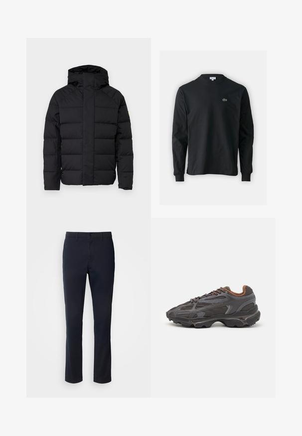 Sort pufferjakke med hætte, prydet med et quiltet design, frontlynlås og elastiske manchetter. Glat tekstur, kompakt pasform.; Sort langærmet t-shirt lavet af bomuld, med rund halsudskæring og et lille grønt broderet krokodillelogo på venstre bryst.; Marineblå bukser lavet af glat stof, der har et lige ben-design, bælteløkker og en knaplukning med lynlås.; Lacoste sneakers i mørkegrå med mesh og syntetisk materiale, udstyret med en tekstureret sål og brune accenter på kraven og brandingen.