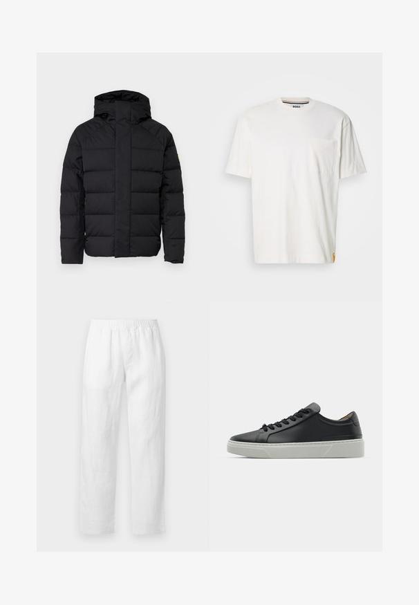 Černá puffová bunda s kapucí, s prošívaným designem, předním zipem a elastickými manžetami. Hladký materiál, kompaktní střih.; Bílá bavlněná tričko s kulatým výstřihem, krátkými rukávy a kapsou na levé straně hrudníku. Obsahuje malou logo etiketu na postranním švu.; Bílé lněné kalhoty s elastickým pasem, rovnými nohavicemi a měkkou texturou bez viditelných vzorů nebo kovových doplňků.; Černé kožené tenisky s hladkým povrchem, kulatou špičkou a černými šňůrkami. Disponují silnou bílou gumovou podrážkou s jemnými geometrickými akcenty.