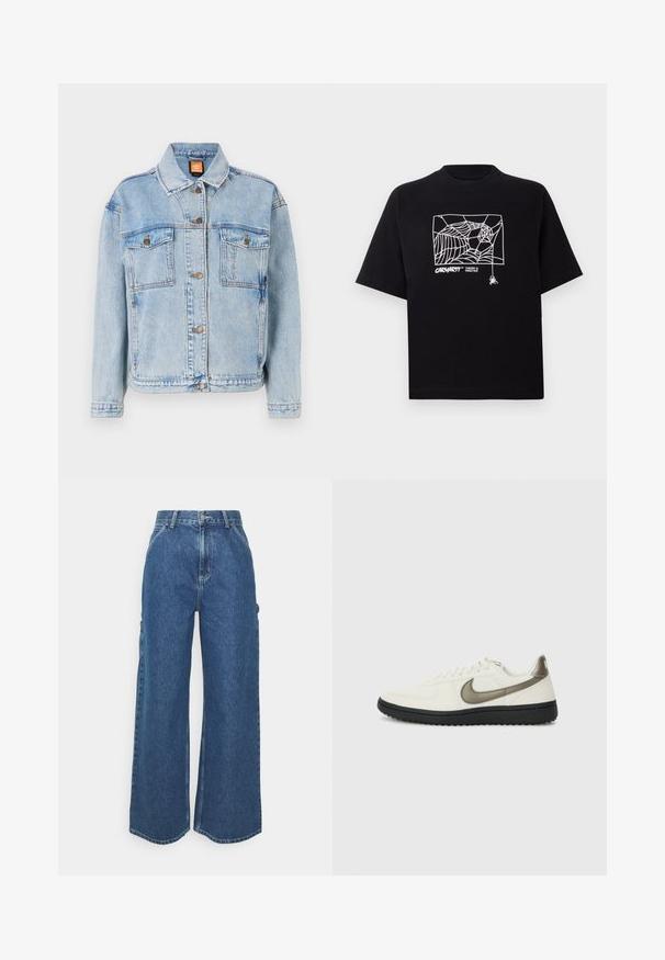 Šviesiai mėlynas džinsinis švarkas su klasikinio dizaino detalėmis, su sagų priekiu, dviem krūtinės kišenėmis ir apdirbtais kraštais. Lygus paviršius su šiek tiek išblukusia spalva.; Juodas medvilnės marškinėliai su trumpomis rankovėmis. Priekyje yra balta voratinklio grafika ir logotipas. Paprastas apvalus iškarpymas.; Plačios mėlynos džinsinės kelnes su aukštu juosmeniu, kontrastingais siūlais ir šoninėmis kišenėmis, turinčios klasikinį penkių kišenių dizainą ir brutalius kraštus.; Nike Sportswear FIELD GENERAL - Sportbačiai - off-white/black