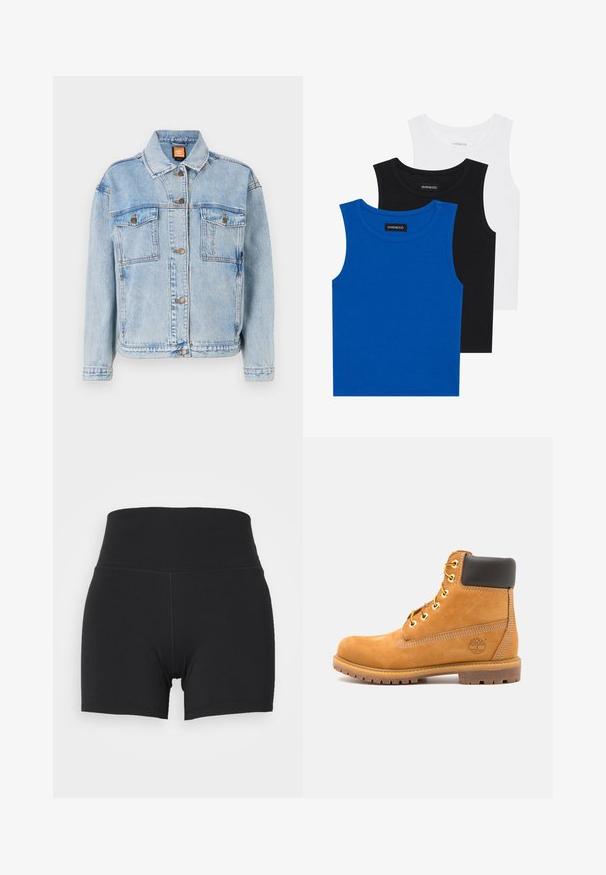 Lyseblå denimjakke med et klassisk design, med knappelukking foran, to brystlommer og ferdige kanter. Jevn tekstur med lett bleking.; Tre ermeløse skjorter i blått, svart og hvitt. Stoffet er ribbet med rund halslinning. Hver skjorte har et merke merket "even&odd."; Sorte sportslige shorts med høy elastisk midje, laget av glatt og elastisk stoff. Har en tettsittende design og minimale sømdetaljer.; Brune skinn ankelstøvlett med svart polstring, gulløyelter og en teksturert såle. Har et rundt logo på siden og sømdetaljer.
