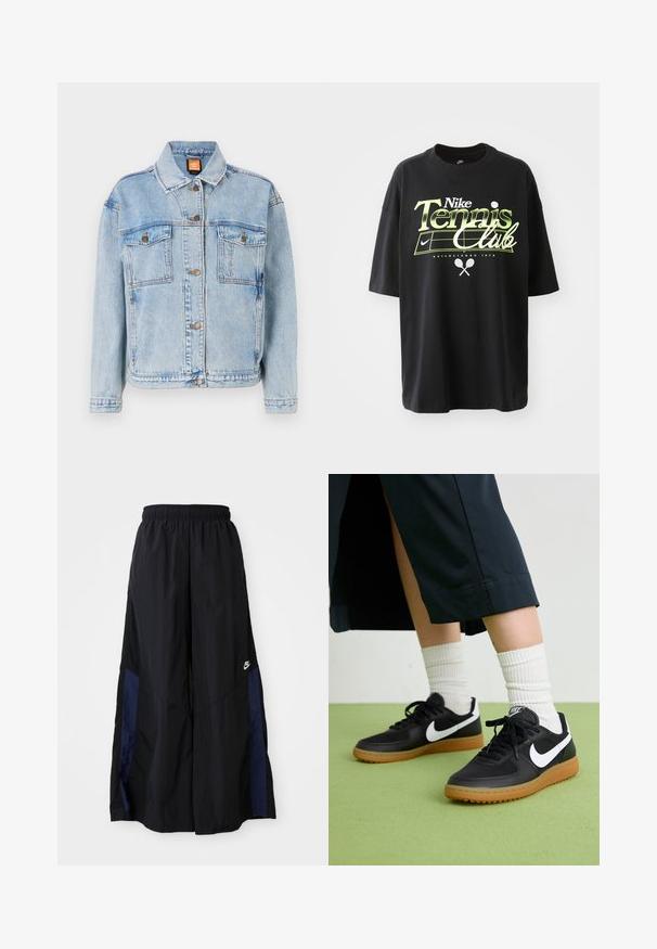 Svetlo modrá deninová bunda s klasickým dizajnom, s gombíkovým zapínaním, dvoma vreckami na hrudi a dokončenými okrajmi. Hladká textúra s malým vyblednutím.; Čierne bavlnené tričko s krátkymi rukávmi, ktoré obsahuje zeleno-biele grafiky "Nike Tennis Club", ilustrácie tenisovej loptičky a rakety.; Čierne voľné nohavice vyrobené z ľahkého materiálu, s námorníckym modrým postranným panelom a elastickým pásom. Malé biele logo na spodnej časti.; Čierne kožené a syntetické tenisky so bielym logom Nike, gumenou podrážkou, okrúhlou špičkou a čiernymi šnúrkami. Viditeľné biele pruhované ponožky.