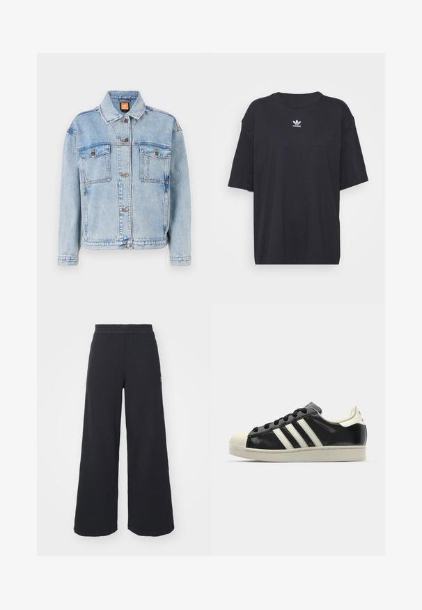 Sininen farkkutakki klassisella suunnittelulla, jossa on napitettava etuosa, kaksi rintataskua ja viimeistellyt reuna. Sujuva pinta, jossa on kevyt haalistuminen.; Musta puuvillapaita lyhyillä hihoilla, pyöreä pääntie, jossa on valkoinen Adidas-logo rinnassa. Yksinkertainen muotoilu, rento istuvuus.; Mustat leveät collegehousut, jotka on valmistettu pehmeästä kankaasta. Niissä on elastinen vyötärö ja pieni logo vasemmalla puolella.; Musta nahkasneakeri, jossa on valkoiset raidat, kuminen varvassuoja, mustat nauhat ja kermaisa ulkopohja. Suora pinta ja kiiltävä viimeistely.