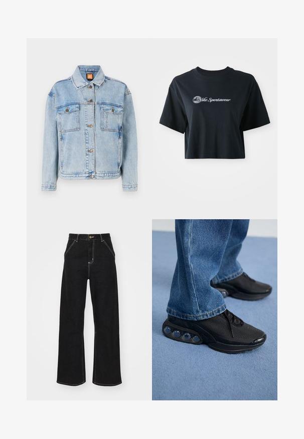 Lichtblauwe denimjack met een klassiek ontwerp, voorzien van een knoopsluiting aan de voorkant, twee borstzakken en afgewerkte randen. Gladde textuur met een lichte vervaging.; Korte zwarte katoenen t-shirt met korte mouwen, voorzien van witte tekst "Vice Sportswear" en een ronde afbeelding aan de voorkant.; Zwarte wijde jeans van denim, met contrasterende witte stiksels en een sluiting met knoop aan de voorkant, voorzien van twee schuin geplaatste zakken aan de voorkant.; Zwarte sportieve sneakers met een bovenwerk van mesh, gestructureerde accenten en zichtbare luchtkussentjes in de zool. Gedragen met blauwe denim jeans.