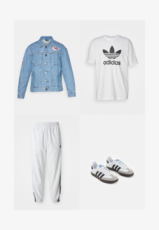 Jaqueta de ganga azul clara com dois bolsos frontais, fecho de botão e patch logo bordado no peito e na manga. Design clássico.; T-shirt de algodão branco com um logo da Adidas em preto, apresentando um design de trefoil e três riscas. Mangas curtas, decote redondo e corte descontraído.; Calças de treino brancas com riscas laterais pretas, cintura elástica e punhos; apresenta o logotipo da Adidas na coxa esquerda. Textura de tecido suave.; Ténis desportivos com um cabedal em pele branca, biqueira em camurça cinza e três riscas pretas. Apresenta um logo azul na língua e uma sola de borracha texturizada.