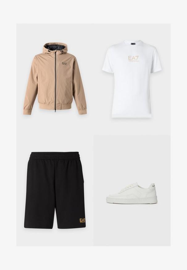 EA7 Emporio Armani GIUBBOTTO - Giacca da mezza stagione - portabella; T-shirt bianco in cotone con scollatura rotonda e maniche corte, con il logo oro EA7 Emporio Armani stampato sul fronte.; Pantaloni sportivi neri realizzati in tessuto morbido, con vita elastica e un piccolo logo EA7 giallo sulla parte bassa della gamba sinistra.; Sneaker in pelle bianca con una finitura liscia, punta rotonda, lacci piatti e suola testurizzata. Presenta un logo discreto sul tallone.