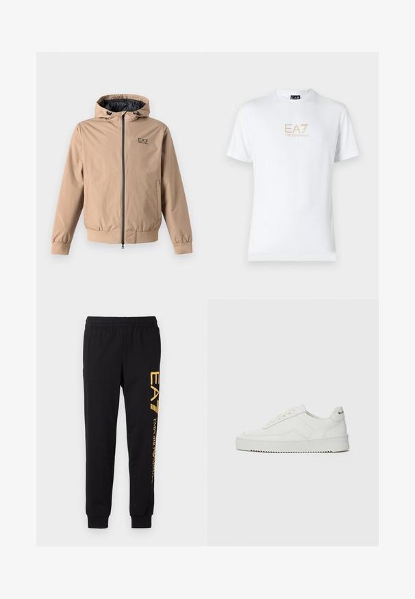 EA7 Emporio Armani GIUBBOTTO - Overgangsjakke - portabella; Hvid bomulds t-shirt med rund halsudskæring og korte ærmer, prydet med et gold EA7 Emporio Armani logo trykt på forsiden.; Sorte sweatpants lavet af blødt stof, med elastisk talje og afsluttede ankler. Gul branding trykt lodret på venstre ben.; Hvide lædersneakers med en glat overflade, rund tå, flade snørebånd og en tekstureret sål. Har et diskret logo på hælen.