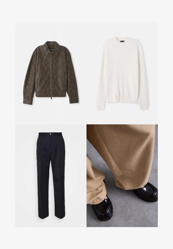 Jachetă cu model de piele de șarpe maro, cu fermoar frontal, guler și buzunare laterale. Fabricată dintr-un material moale, cu o croială lejeră și o suprafață texturată.; Pulover alb din tricot cu model în relief, cu guler rotund și mâneci lungi. Prezintă o broderie mică cu logo pe piept. Textură moale, design ajustat.; Pantaloni negri croiți, cu un design drept, realizați dintr-un material neted, având închidere cu nasture în față și două buzunare laterale.; Pantaloni bej cu un finisaj texturat, asociați cu pantofi loafer negri lucioși, având o talpă groasă și cusături decorative.