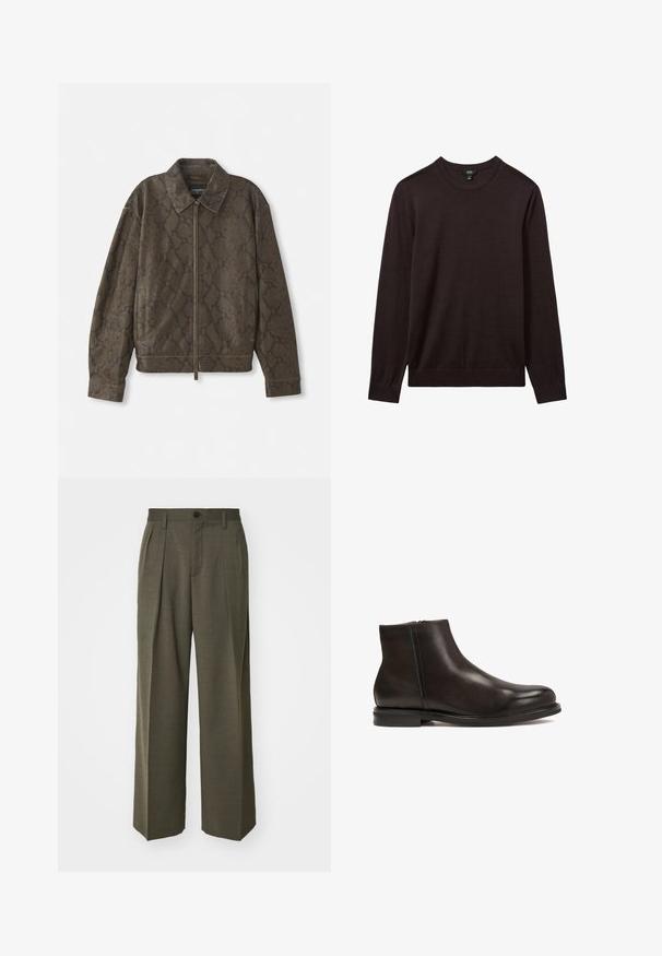 Veste en simili cuir de serpent marron avec fermeture éclair à l'avant, col et poches latérales. Fabriquée dans un matériau doux avec une coupe décontractée et une surface texturée.; Reiss Pullover - dark bordeaux; Filippa K WIDE TROUSERS - Pantalon classique - driftwood; Bottine en cuir noir avec une texture lisse, bout arrondi et un petit talon. Dispose d'une fermeture éclair sur le côté pour un enfilage facile.