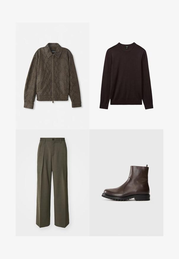 Pruun nahkmustritega jakk, millel on lukuga esiosa, krae ja küljetaskud. Valmistatud pehmest materjalist, millel on lõdvaistuv ja tekstureeritud pind.; Reiss Džemper - dark bordeaux; Filippa K WIDE TROUSERS - Püksid - driftwood; Pruun nahkane sääreking, millel on sile tekstuur, elastsed külgpaneelid, tõmbetabin taga ja robustne kummitald.