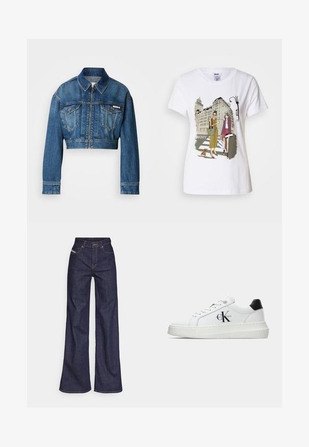 Zastrihnutá džínsová bunda v stredne modrej farbe. Obsahuje špicatý golier, zips, dve náprsné vrecká a dlhé rukávy so zapínaním na manžety.; Biela bavlnená tričko s potlačou ilútrácie dvoch žien v mestských módnych štýloch so psom na prechode a mestskými budovami.; Tmavomodré široké džínsy z denimu s vysokým pásom, zdobené oranžovým šitím, päť vreckovým dizajnom a zapínaním na gombík.; Biele nízke tenisky s čiernym pätkovým dielom, platformovou podrážkou, šnúrkami a logom "CK" značky Calvin Klein na boku.