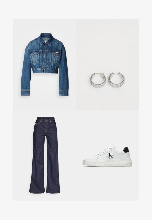 Kratka traper jakna u srednje plavoj boji. Ima oštar ovratnik, zatvaranje na zip, dva džepa na grudima i duge rukave s detaljima na manžetama.; Bijela pamučna majica s printanom ilustracijom dviju žena u urbanom modnom stilu s psom na pješačkom prijelazu i gradskim zgradama.; Tamno plave široke traperice s visokim strukom, izrađene od denim tkanine, s narančastim šavovima, pet džepovima i kopčanjem na dugme.; Bijeli niskotoperani tenisice s crnom petom, platformom, vezicama i "CK" logotipom Calvin Kleina sa strane.; Srebrne naušnice na obruče s teksturiranim dizajnom koji sadrži vertikalne rebra. Okrugli oblik s sigurnim zatvaranjem. Glatka završna obrada.