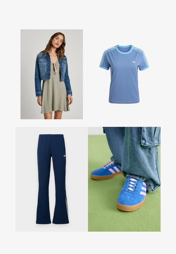 Chaqueta de mezclilla cortada en azul oscuro con bolsillos frontales y cierre de botones, superpuesta a un vestido verde claro con escote atado y patrón texturizado.; Camiseta de algodón azul con detalles en azul claro, mangas cortas, cuello redondo y tres rayas blancas en los hombros; lleva un logo dorado.; Pantalones deportivos acampanados de color azul marino con costillas, con franjas blancas laterales y un logo bordado en el lado izquierdo, que cuentan con dos bolsillos laterales.; Zapatos de gamuza azul con rayas rosas y cordones blancos, con una suela de goma, combinados con pantalones denim holgados sobre una superficie verde.
