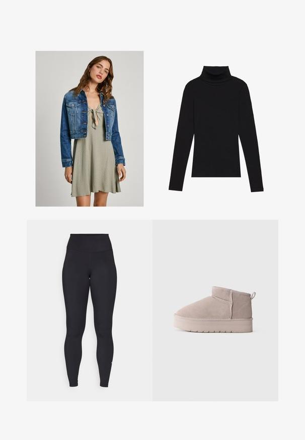 Kuttet denimjakke i mørkeblå med frontlommer og knappelukking, lagdelt over en lys grønn kjole med knyttet hals og teksturert mønster.; Svart høyhalset langermet topp, laget av ribbestrikket stoff, har en tettsittende design med høy hals og uten mønstre eller dekorasjoner.; Sorte høydeleggings laget av elastisk, glatt stoff. Har en tettsittende design med et logoakssent nær ankelen.; Lavcut beige suede vinterstøvel med tykk såle og bakbånd på hvit bakgrunn, vist i sideprofil.