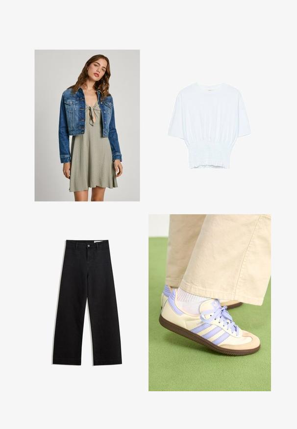 Lyhennetty tummansinisestä denimsistä valmistettu takki, jossa on etupussit ja nappikiinnitys, kerroksittain vaaleanvihreän mekon päällä, jossa on solmittava kaula-aukko ja tekstuuri.; Valkoinen lyhythihainen t-paita, jossa on rento leikkaus ja frillattu tekstuuri vyötäröllä. Valmistettu pehmeästä, kevyestä kankaasta.; Mustat leveät farkut korkealla vyötäröllä, joissa on etu- ja takataskut, ommellut saumat ja nappisuljenta. Silkinoinen rakenne.; Kermasilta ja laventelilta näyttävät lenkkarit kolmella raidalla ja teksturoidulla ruskealla pohjalla, varustettuna nauhoilla ja pehmustetulla kantapäällä. Pehmeä kangaspinta.