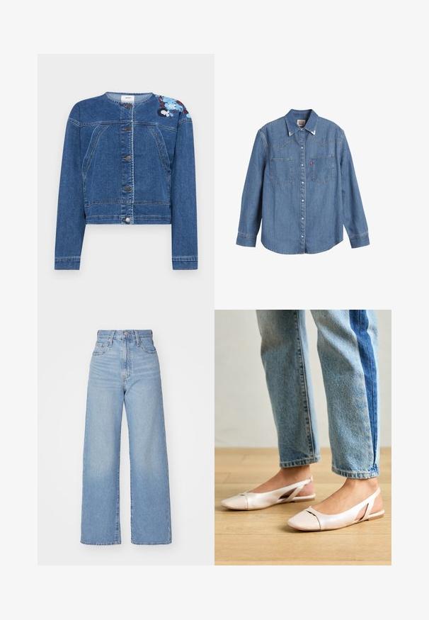 Sötétkék farmerdzseki, könnyű anyagból, gombos záródás, kerek nyakú, vállán virágos hímzéssel, cropped fazon.; Világoskék farmering hosszú ujjal, hegyes gallérral, két mellzsebbel és kontrasztos varrással. Nyugati stílusú yoke mintázattal rendelkezik.; Világoskék, magas derekú, bő szárú farmernadrág, elülső gombbal és cipzárral, elülső és hátsó zsebekkel, fehér háttérrel.; Világos rózsaszín slingback laposlábú cipők, hegyes orral, sima bőrhatású anyagból készült. Oldalt kivágott részletek találhatók rajta, valamint lapos sarkú.