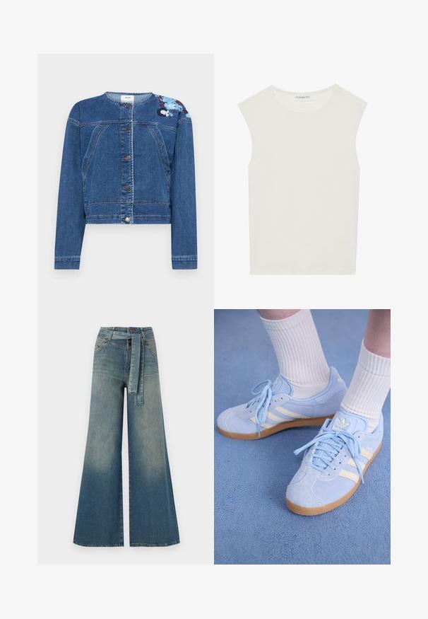 Jeansjakke i mørkeblått, lett materiale, knappelukking, rund hals, med blomsterbroderi på skulderen, kort design.; Hvit ermeløs topp med rund hals. Laget av glatt stoff, har den en avslappet passform og minimalistisk design. Ingen mønstre eller detaljer.; Bredde ben jeans med en lyseblå til mørkeblå gradient, høyt liv, beltehemper og et matchende belte i samme stoff. Teksturert denimoverflate.; Lyseblå semsskinn sneakers med hvite striper, flate snørebånd og såle i gummi. Ribbet hvite sokker bæres over ankelen.