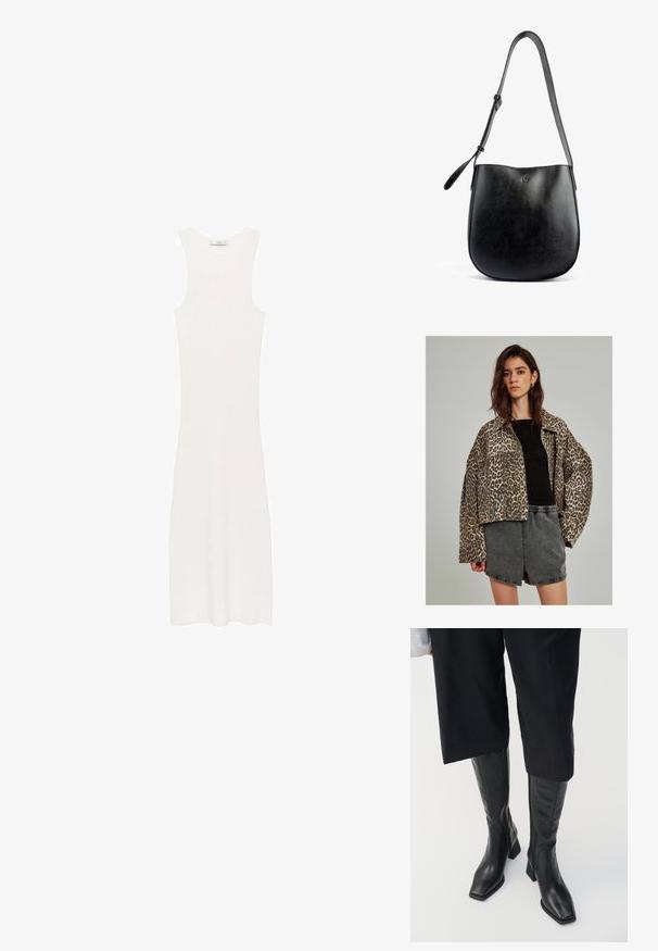Jeansjacke mit Leopardenprint und oversized Schnitt, Knopfschluss und weiten Ärmeln, kombiniert mit einem schwarzen enganliegenden Oberteil und grauen Shorts.; Weißes, ärmelloses, geripptes Strickkleid mit taillierter Silhouette, das bis unter die Knie reicht. Einfaches und minimalistisches Design, ohne Muster oder Hardware.; Schwarze Lederstiefel bis zum Knie mit quadratem Zehen und Blockabsatz. Mit einem seitlichen Reißverschluss und glatter Textur.; Schwarze Lederhandtasche mit glatter Textur, geschwungener Form, verstellbarem Trageriemen und einem dezent geprägten Logo auf der Vorderseite.