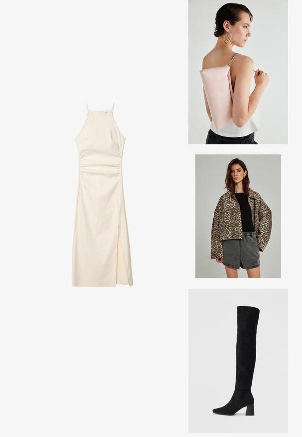 Leopardprint denimjakke med oversized snit, knaplukning og brede ærmer, parret med en sort tætsiddende top og grå shorts.; Stradivarius HALTER - Etuikjole - stone; Sorte ruskind støvler i knæhøjde med blokheel, spids tå og glat, sømløs design på en enkel lys baggrund.; Rosa læderhandtaske med rektangulær form, sølvkædetræk og glat tekstur, båret på ryggen. Simpelt design uden synlige mønstre.
