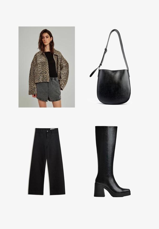 Džíny s leopardím potiskem v oversize střihu, s knoflíkovým zapínáním a širokými rukávy, doplněné černým přiléhavým topem a šedými šortkami.; Krémový svetr s klasickým kulatým výstřihem, ribovanými manžetami a lemem, a měkkou texturou. Lehce materiál s hladkým povrchem.; Černé denimové kalhoty s volným střihem a vysokým pasem, vybavené předními a zadními kapsami, prošívanými švy a knoflíkovým zapínáním. Hladká textura.; Černé vysoké kozačky vyrobené z texturovaného syntetického materiálu, se čtveratou špicí, širokým vysokým podpatkem a hladkým, elegantním povrchem.; Černá kožená kabelka s hladkým povrchem, zakřiveným tvarem, nastavitelným popruhem a decentním embosovaným logem na přední straně.
