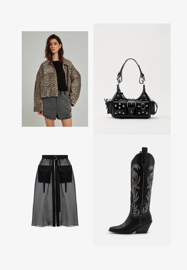 Džíny s leopardím potiskem v oversize střihu, s knoflíkovým zapínáním a širokými rukávy, doplněné černým přiléhavým topem a šedými šortkami.; Černý dlouhý rukáv top vyrobený z průsvitné tkaniny, s kulatým výstřihem, předním zapínáním na knoflíky a zvlněnými okraji na manžetách.; Černá průhledná sukně s nařaseným pasem, která má dvě velké přední kapsy, páskový uzávěr a kulatý kovový akcent.; Černé kožené kovbojské boty s špičatými špičkami, podpatky ve tvaru klínu a stříbrně vyšívanými květinovými vzory po celé délce. Kontrastní prošívání po celém obvodu.; Černá kožená kabelka s křivkovým designem, zdobená stříbrnými hřebíky, s přezkou a dvěma bočními kapsami. Nastavitelný popruh pro různé možnosti nošení.