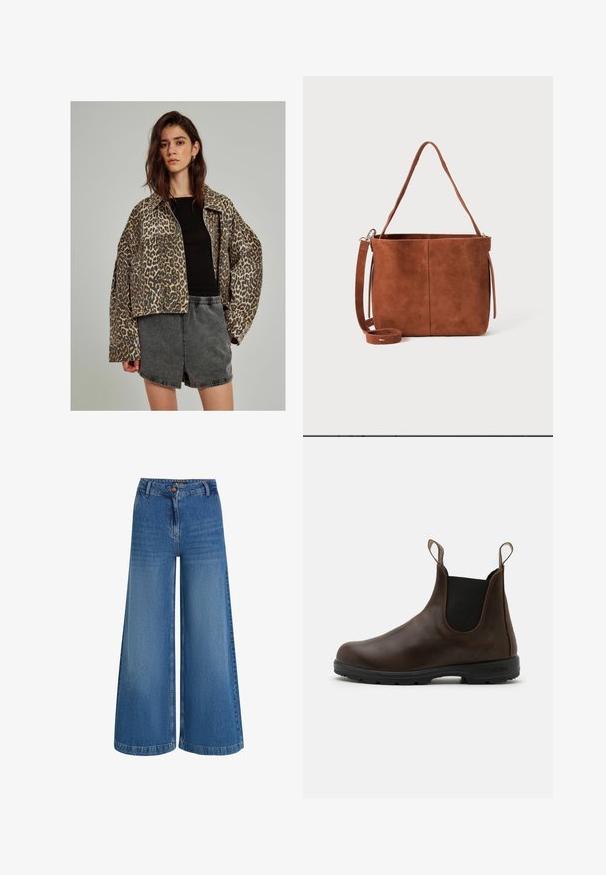 Leopard-print denim jacket with an oversized cut, button closure, and wide sleeves, paired with black fitted top and gray shorts.; White long-sleeve shirt made of ribbed fabric, featuring a round neckline and fitted shape. No patterns or accents are present.; Wide-leg denim trousers in light blue, featuring a high waist, front button closure, and subtle fading along the fabric for texture.; Brown leather ankle boot with elastic side panels, pull tabs, and textured rubber sole. Features a sleek, rounded toe design.; Brown suede bucket bag with a single shoulder strap and a removable crossbody strap. Smooth texture and minimalist design with no visible hardware.