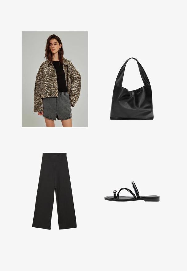 Džínová bunda s leopardím vzorom a oversize strihom, s gombíkovým zapínaním a širokými rukávmi, v kombinácii s čiernym priliehavým topom a šedými šortkami.; Čierne tričko s krátkym rukávom vyrobené z mäkkého materiálu, s okrúhlym výstrihom a voľným strihom, s hladkou textúrou a bez vzorov.; Čierne nohavice s širokými nohavicami a vysokým elastickým pásom, vyrobené z mäkkého materiálu s voľným strihom, vhodné na neformálne nosenie alebo relaxačné prostredie.; Čierne ploché sandále s lesklým povrchom, tromi tenkými popruhmi a okrúhlou kovovou ozdobou na prste. Elegantný dizajn s minimálnym podpätkom.; Čierna kožená kabelka s mäkkým a voľným dizajnom, širokými popruhmi a hladkým povrchom. Žiadne viditeľné hardvérové prvky ani ozdoby.