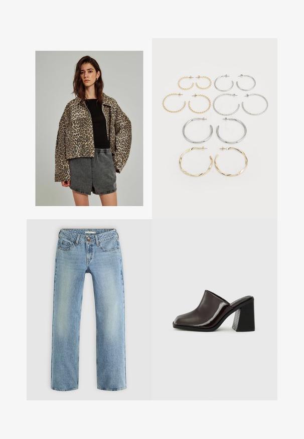 Jakna iz jeansa s leopardjim vzorcem, z oversized krojem, zapiranjem na gumbih in širokimi rokavi, v kombinaciji z črnim prilegajočim vrhom in sivimi kratkimi hlačami.; Dva dolgoročna zgornja dela. Ena bela in ena črna, oba iz lahkega bombaža z širokim čolnastim izrezom in ozkim krojem.; Svetlo modri ravni jeansi iz denima, z gumbnim zapiranjem, petimi žepi in subtilnim zbledelostjo vzdolž nog.; Temno burgundski usnjeni muli s kvadratnim nosom, sijajno površino in masivnim, teksturiranim črnim visokim petam. Preprost dizajn, enostavno obuvanje.; Set dvanajstih uhvorov v srebrnih in zlatih odtenkih. Vključuje zvite, gladke in teksturirane modele v različnih velikostih in končnih obdelavah.