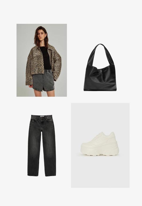 Jachetă din denim cu imprimeu leopar cu un croi supradimensionat, închidere cu nasturi și mâneci largi, asociată cu un top negru ajustat și pantaloni scurți gri.; Tricou alb din bumbac cu guler rotund, mâneci scurte și un design ajustat. Textură netedă, fără modele sau embellismente.; Blugi negri din denim cu o croială lejeră, picior drept, design cu cinci buzunare și o textură ușor decolorată. Închidere cu nasture și fermoar în față.; Adidași platformă albi, cu un superior neted asemănător cu pielea, formă rotunjită, guler căptușit și talpă din cauciuc texturată cu borduri bine definite.; Geantă de umăr din piele neagră, cu un design moale și lejer, mânere late și o textură netedă. Fără elemente de prindere vizibile sau embellishemnts.