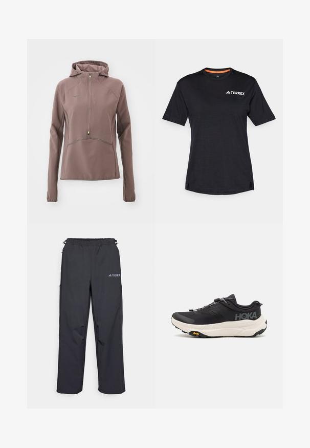 Casaco leve com capuz na cor malva, apresentando uma textura em grelha, fecho de meio zíper na frente e detalhes reflexivos no peito e nas mangas.; T-shirt preto de manga curta com decote redondo, apresentando uma textura heather subtil e o logótipo branco "TERREX" no lado superior esquerdo.; Calças de exterior pretas e leves, com um cós elástico, bolsos laterais e um logótipo na parte superior da perna direita. Tecido suave e resistente à água.; Ténis de desporto pretos com um cabedal em malha respirável, sola de borracha, entressola branca com amortecimento e atacadores refletivos. Logótipo Vibram na sola.