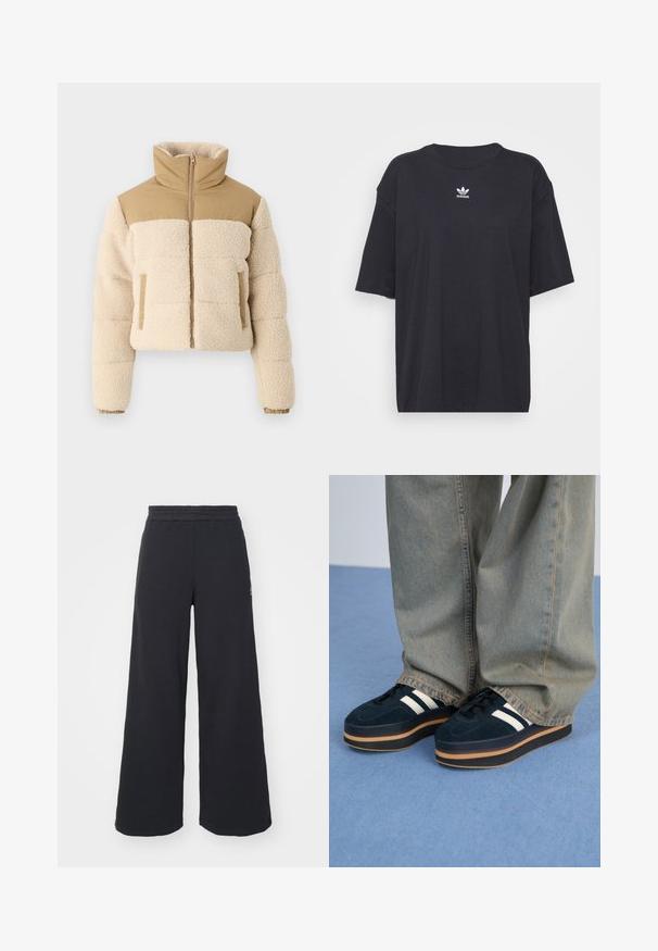 Cropped puffer jacket with a tan nylon upper and cream fleece body. Features a high collar, front zip, and side pockets. Ribbed cuffs.; Black cotton t-shirt with short sleeves, round neckline, features a white Adidas logo on the chest. Simple design, relaxed fit.; Black wide-leg sweatpants made from soft fabric, featuring an elastic waistband and a small logo on the left side.; Dark blue suede platform sneakers with white stripes and black laces. Features a thick brown rubber sole. Worn with light blue denim pants.