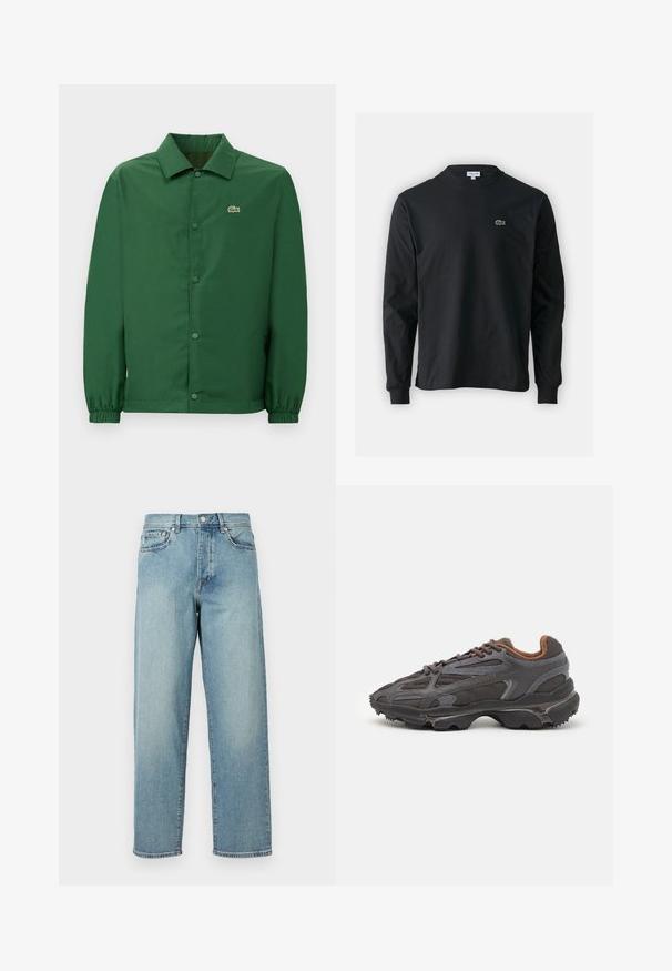 Grønn jakke med krage, frontkneppinger og elastiske mansjetter. Har et lite brodert logo på venstre bryst. Glatt tekstur.; Svart langermet T-skjorte laget av bomull, med rund hals og en liten grønn brodert krokodillelogo på venstre bryst.; Lys blå denimjeans med løs passform, rette ben, fem-lomme-design og knappelukking i livet. Minimalistisk sømdetalj.; Lacoste-sneakers i mørkegrått med mesh- og syntetisk materiale, med en teksturert såle og brune detaljer på kragen og merket.