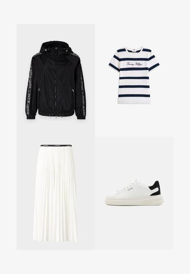 Črna najlon jakna s sprednjim zadrgo, kapuco, elastičnimi manšetami in vrvico na robu. Ponaša se z belimi blagovnimi oznakami ob rokavih.; Bombažna majica s horizontalnimi mornarsko modrimi črtami na belem ozadju. "Tommy Hilfiger" izvezeno v kurzivni pisavi na prsih. Okrugli izrez.; Gubasta bela krila z črnim elastičnim pasom, ki nosi logotip "LACOSTE". Srednje dolga zasnova z mehkobo tkanine.; Bele usnjene športne copate z debelim belim podplatom, črnimi semišnimi detajli na peti in utisnjenim logotipom na strani. Zavezovanje s šestimi luknjicami.